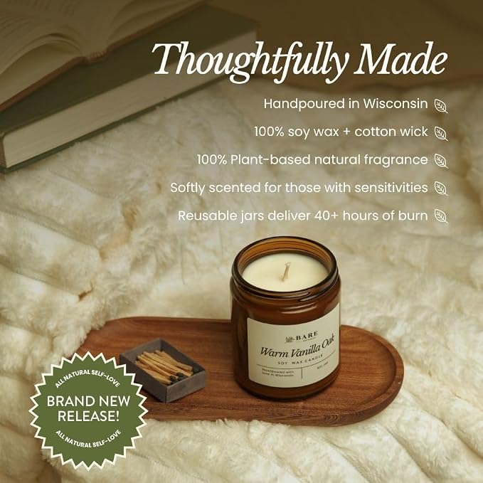 Bare Botanics 9oz Non Toxic Soy Candle Unscented - 40+ Hour Burn | 100% Plant-Based Fragrance Oils | Handpoured in Wisconsin | Clean-Burning Soy Wax