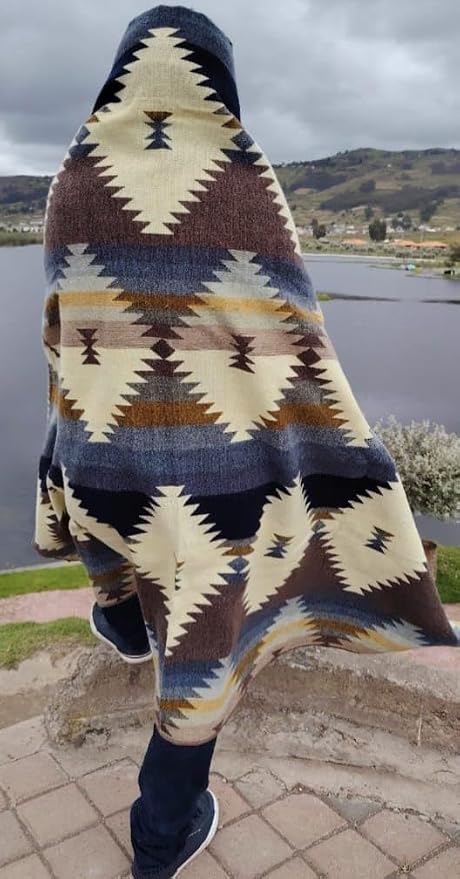 Alpaca Wool Blanket, King Size 100 x 83, Reversible 2 in 1, Thick and Ultra Soft, Hypoallergenic, Non-Itchy, Handmade in Ecuador. Premium Alpaca Wool Thtow Blanket for Cozy Comfort.(Blue and Brown)