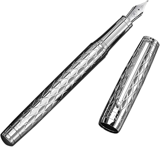 ‘The Mirror’ Silver Luxury Executive Fountain Pen, Woven Chrome Finish, Medium Nib, Smudge Free, No Bleed, Use Any Fountain Ink with Included Converter, Fits Cartridges (sold separately)