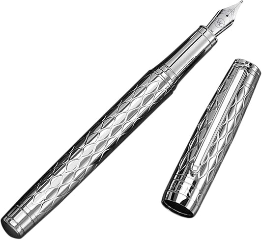 ‘The Mirror’ Silver Luxury Executive Fountain Pen, Woven Chrome Finish, Medium Nib, Smudge Free, No Bleed, Use Any Fountain Ink with Included Converter, Fits Cartridges (sold separately)