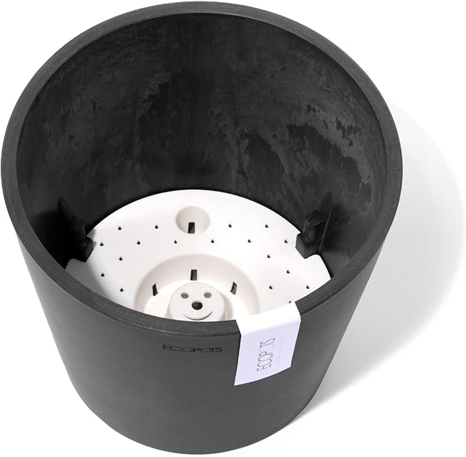 Ecopots Amsterdam Durable Modern Round Indoor/Outdoor Recycled-Based Composite Flower Pot Planter w/Water Reservoir, Dark Grey, 8"