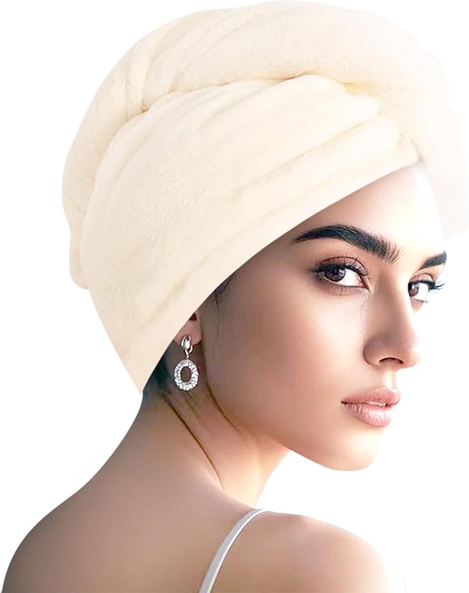 Microfiber Hair Drying Towel Wrap for Women, Hair Turbans Towel for Wet Hair,turbie Twist Hair Towels(The Color of the Picture is for Reference only) (Warm White)