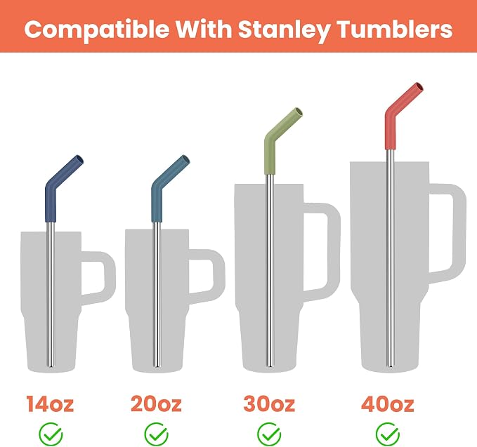 Tomorotec 6-Pack Reusable Stainless-Steel Straws with Silicone Tips, 3 Sizes Compatible with Stanley Tumblers 40OZ 30OZ 20OZ 14OZ, Dishwasher Safe, Includes 2 Cleaning Brushes (Dark Rainbow)