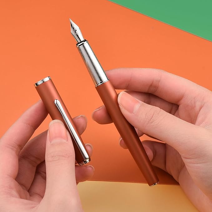 Hongdian 920 Orange Metal Fountain Pen, Steel Fine Point Classic Pen, Includes Refillable Converter and Pen Pouch