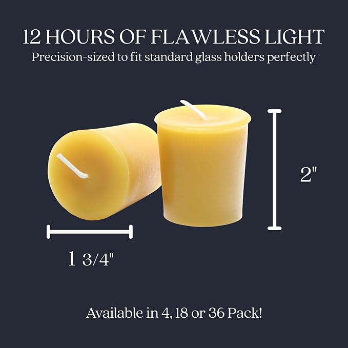 Bluecorn Beeswax Votive Candles, Yellow, 36 Pack | 100% Pure Natural Bees Wax, Clean Burning & Long Lasting (12+ Hours), Fragrance Free, American Made