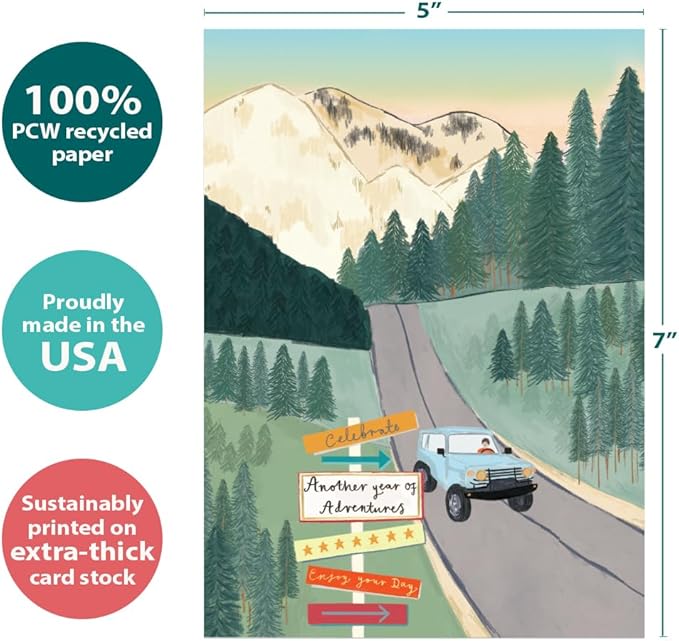 Tree-Free Greetings - Birthday Card - Artful Designs - 1 Card + Matching Envelope - Made in USA - 100% Recycled Paper - 5 x 7 - Year of Adventures (GO65219)