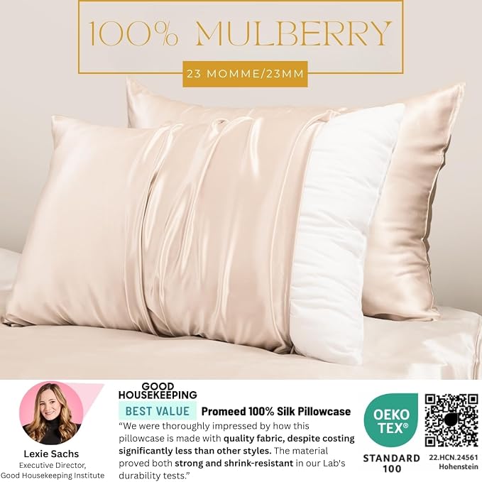 PROMEED 100% Mulberry Silk Pillowcase 2 Pack with Zipper, 23 Momme Grade 6A+ Silk Pillow Case King Size Set of 2, Cooling Pillow Cases for Hot Sleepers (King 20"x36", Champagne)