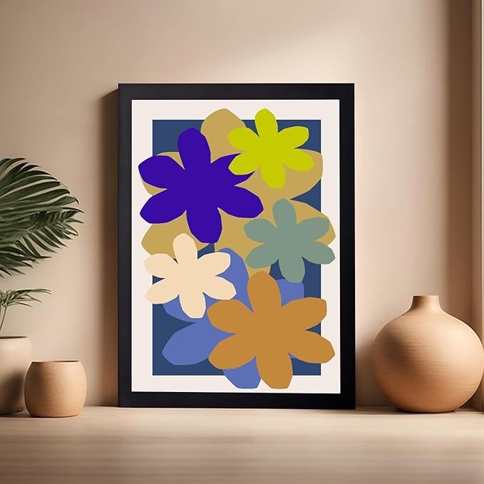 Monem Art Colorful Abstract Floral Shapes Print - Modern Minimalist Flower Art Poster - Wall Decor for Living Room, Bedroom or Office - 16x20 Black Framed Wall Art by Rs Lab Studio