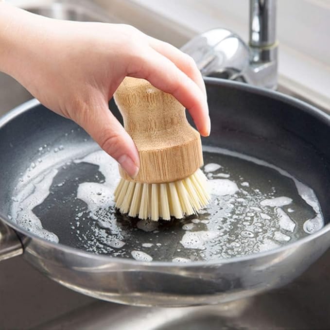 5 Pack Bamboo Dish Brush Set with Flannel Bag, Natural Sisal Bristle Kitchen Scrub Brush, Long Handle Bottle Brush and Dish Scrubber for Cleaning Pots Pans Cast Iron Vegetables Sink