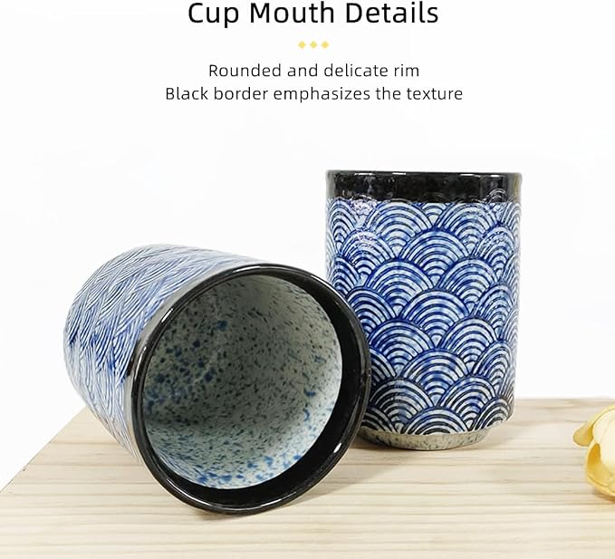 Japanese Ceramic Cup 10 oz No Handle Coffee Mug Teacups Set of 2 for All Kinds of Coffee and Drinks (Blue)