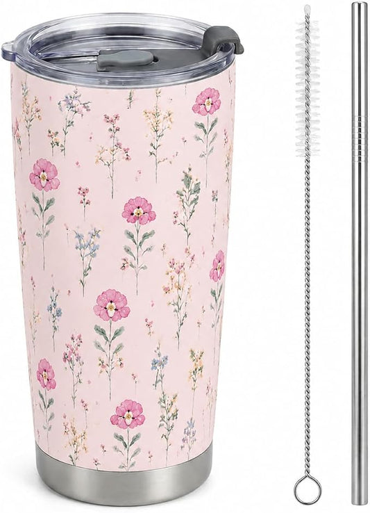 Pink Insulated Tumbler, Floral Stainless Steel Travel Mug, Gifts for Women Girl on Birthday Christmas Thanksgiving, 20 oz Vacuum Coffee Cup
