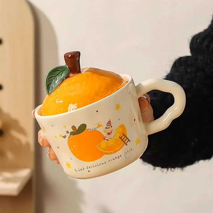Coffee Mug Cups Ceramic Tea Cup 3D Fruit Orange Shaped Handmade Pottery Cute Mugs With Lid Handle Office Home Hot Ice Water Juice Milk Mugs Gifts Microwave Dishwasher Safe 13 Oz Travel Mug (Orange)