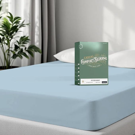 TEXAS LINEN CO. 100% Organic Cotton Percale Weave Fitted Sheet Full Size, Light Blue, 1 Deep Pocket Full Fitted Sheet, Fits Mattress Upto 16" Crisp and Cool Bed Linen, Luxury GOTS Certified Sheets