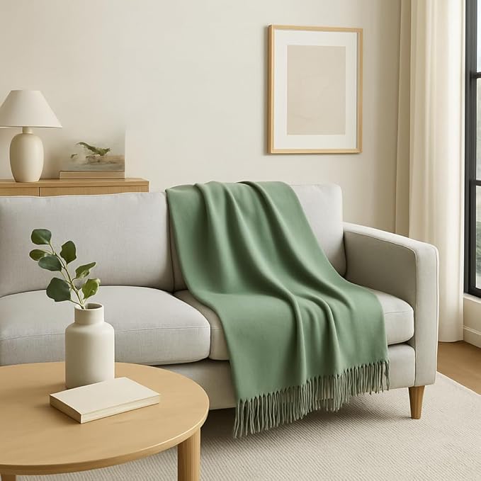 Lincove Pure Cashmere-Merino Wool Blanket - Warm & Soft Throw Blanket - 74"x55" Comfortable and Cozy Throw Blankets for Couch, Sofa, or Chair - Lightweight and Classic Throws - Sage