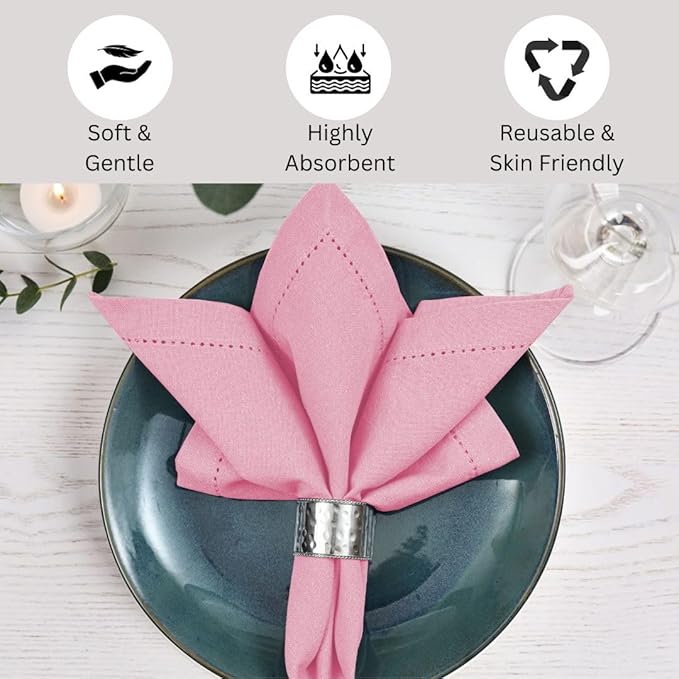 Hemstitch Dinner Napkins 100% Cotton Set of 12 - for Dining Special Occasions Weddings Parties Holidays Easter - Soft Durable Reusable - Elegant 18x18 Inch Table Cloth Napkins Baby Pink