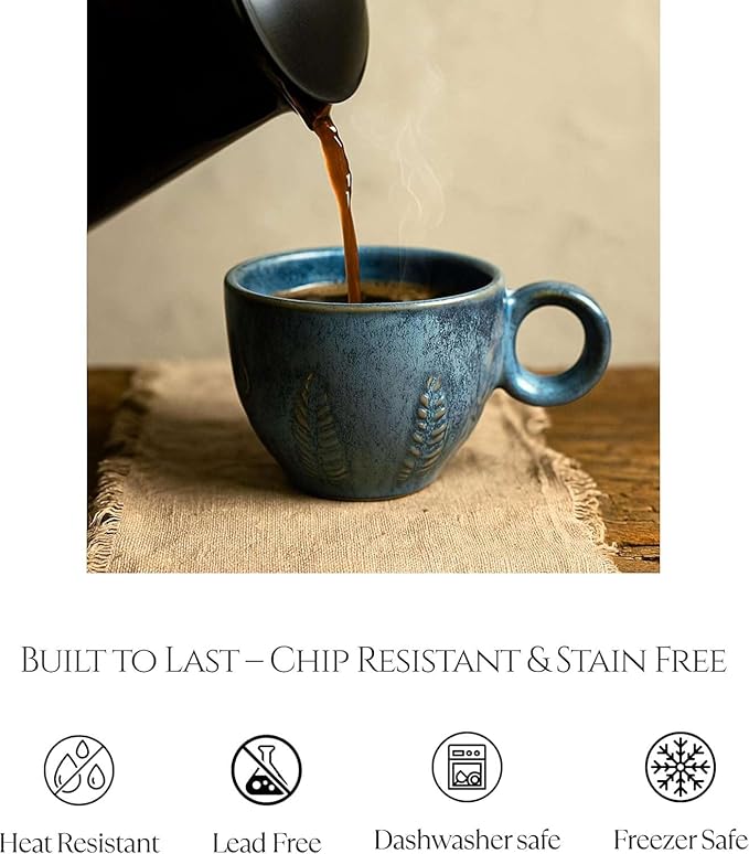 Ceramic Espresso Cup 5 oz, Stoneware Demitasse Coffee Mug with Handle, Artisan Reactive Glaze Texture, Small Latte Cappuccino Tea Cup, Microwave & Dishwasher Safe, Turquoise, Pack of 4