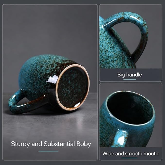 21oz Large Handmade ceramic Mug, Big Ceramic Tea Cup, Durable and Heavy Microwave and Dishwasher Safe Pottery Coffee Mug with Handle, Reactive Glaze Stoneware Clay coffee mug (Blue Reative Glaze)