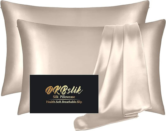 Silk Pillowcase 2 Pack, Natural Mulberry Silk Pillow Case, Anti Acne Silk Pillowcase for Hair and Skin, King Size Silk Satin Pillowcase Set of 2 with Hidden Zipper, Gifts for Women Men, Champagne