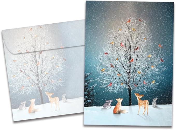 Tree-Free Greetings Holiday Greeting Card with Matching Envelope, Eco Friendly, Made in USA, 100% Recycled Paper, 5" x 7", Bird Tree (GO64228)