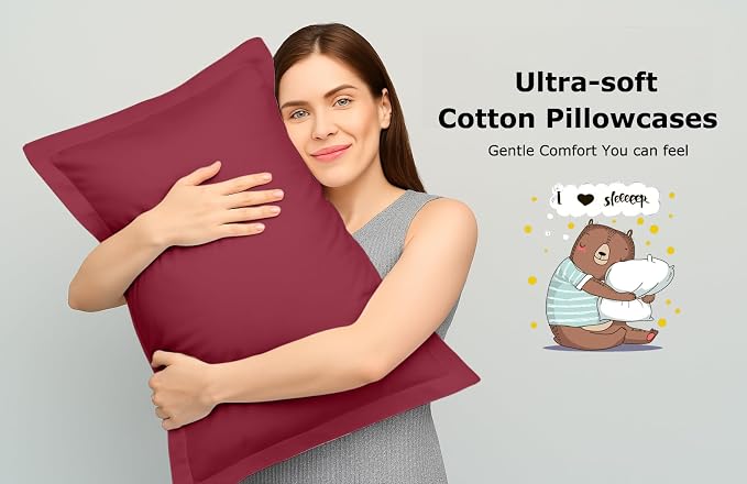 2 Pack Pillow Shams Standard Size 20x26 – 600 Thread Count 100% Organic Cotton Burgundy Pillow Covers with 2 Inch Flange, Soft & Smooth Premium Hotel-Quality Pillowcases Set of 2