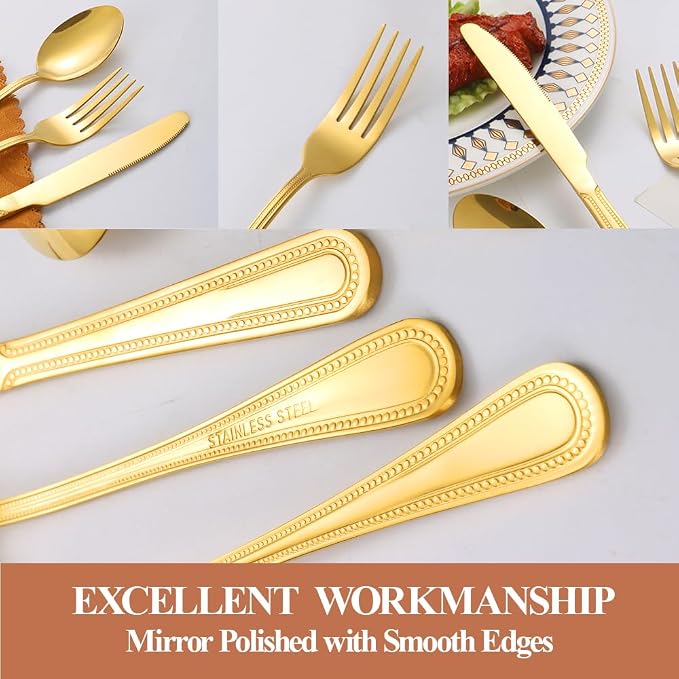 40 Pcs Gold Silverware Set for 8, Food Grade Stainless Steel Flatware Set, Eating Utensils Sets Include Fork/Knife/Spoon, Reusable Cutlery Set for Home Kitchen, Dishwasher Safe, Pearl-edged