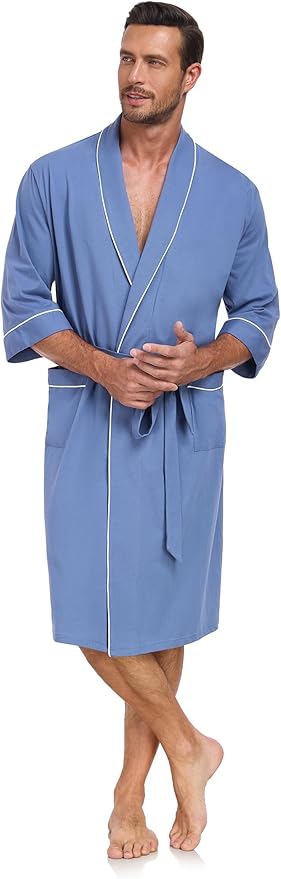 COLORFULLEAF 100% Cotton Men’s Summer Bathrobe Lightweight & Breathable Short Sleeve Kimono Robe with Pockets