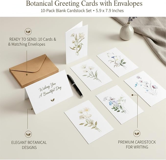 10-Pack Botanical Blank Greeting Cards with Envelopes, 5.9 x 7.9 Inch Nature-Themed Cardstock Set for Personal Correspondence and Notes
