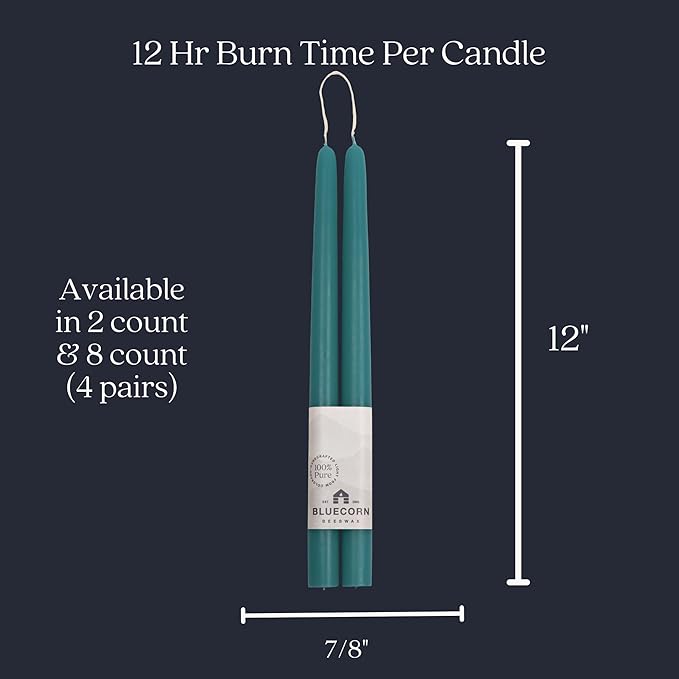 Bluecorn Beeswax Taper Candles, 100% Pure Natural Bees Wax, Pair of 12 Inch Teal Tapered Candlesticks, Clean Burning & Dripless, Fragrance Free, Long Lasting, Home Decor, American Made, 1 Count
