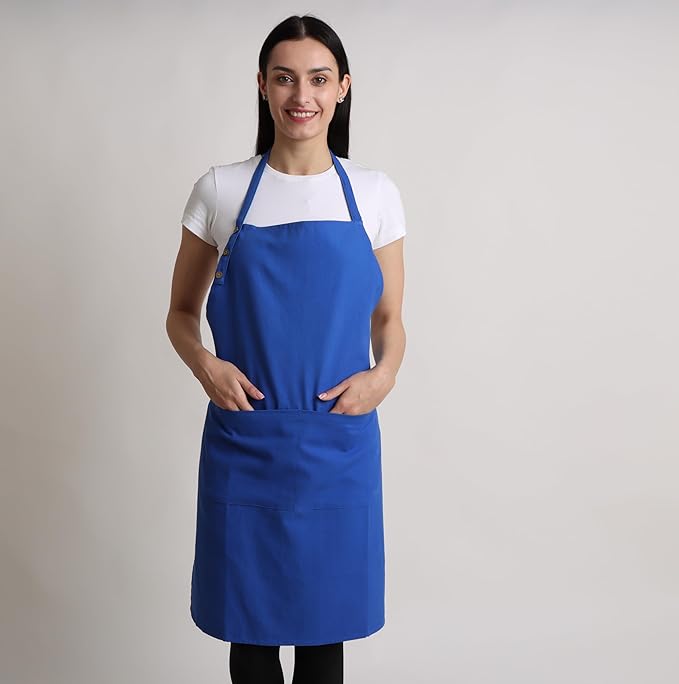 Kitchen Apron Cotton Waterdrop Resistant with adjustable Aprons for Women with Pockets 9 Color option Cooking (Navy blue/royal blue)