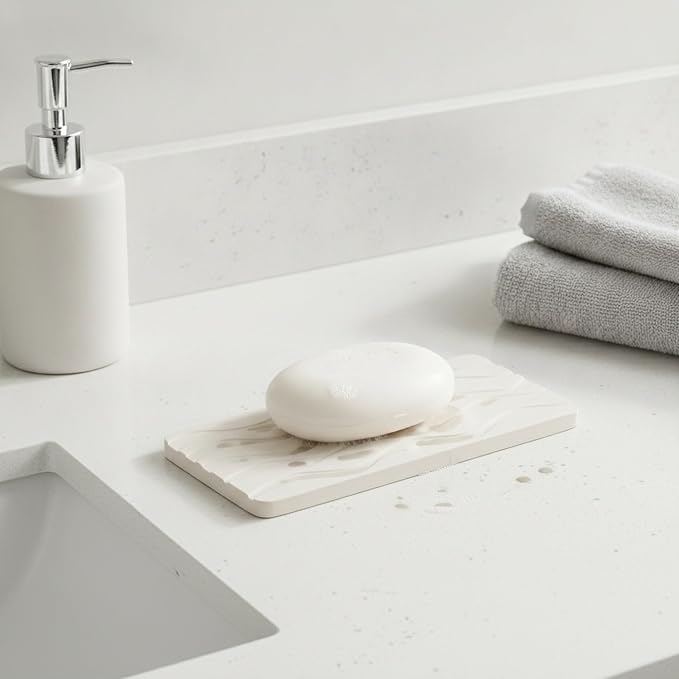 Diatomaceous Earth Soap Dish, Rectangular Stone Bar Soap Holder for Bathroom Sink & Shower, Absorbent Tray (8.7 x 3.5 Inch)