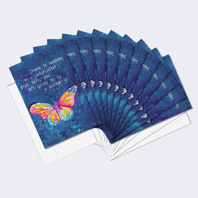 Tree-Free Greetings - All Occasion Cards - Artful Designs - 12 Cards + White Envelopes - Made in USA - 100% Recycled Paper - 4"x6" - Caterpillar Butterfly (FS54552)
