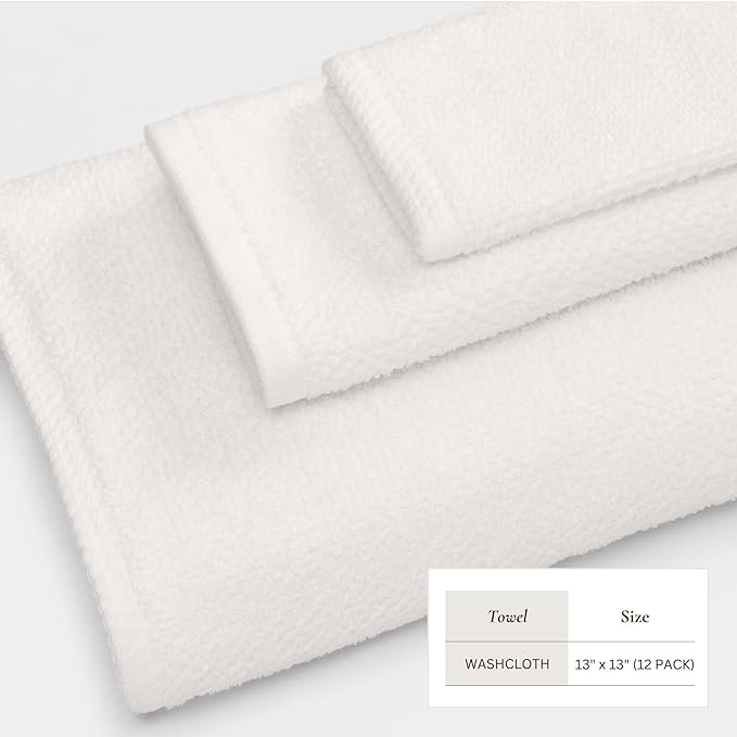Great Bay Home 100% Cotton 12-Pack 13x13 Wash Cloth - Absorbent, Quick-Drying, Durable Face Towels for Bathroom Decor - Low-Twist, Two-Ply Fibers (Ivory)