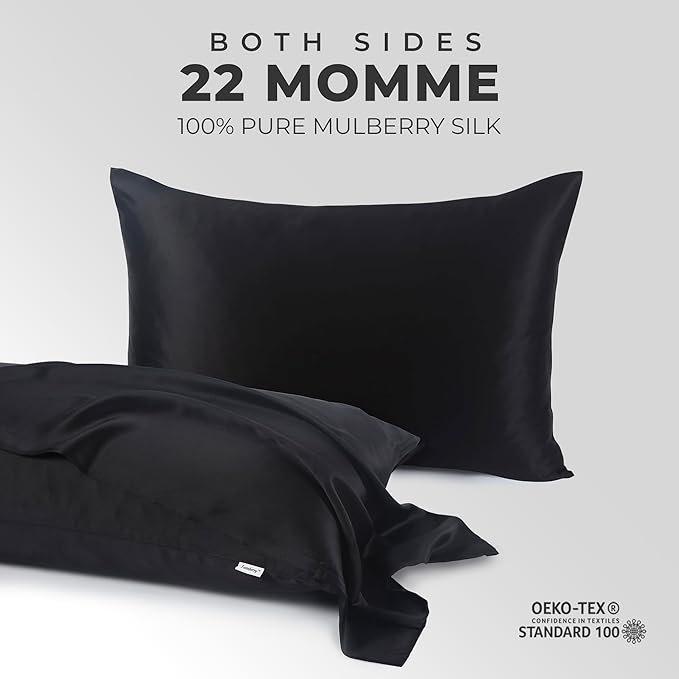 100% Pure Mulberry Silk Pillowcase for Hair and Skin, 6A Grade 22 Momme Silk Pillow Cases with Zipper, Soft Cooling Washable Both Sided Silk Pillow Cover (Black, King 20''x36’’)