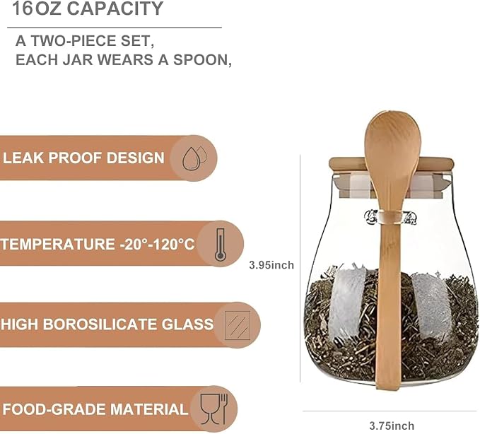 Airtight glass jar storage container with bamboo lid Set of 4, wide mouth, leak-proof, With a spoon, can be used for coffee beans, tea leaves, grains, dried fruits, etc (Small*4pcs)