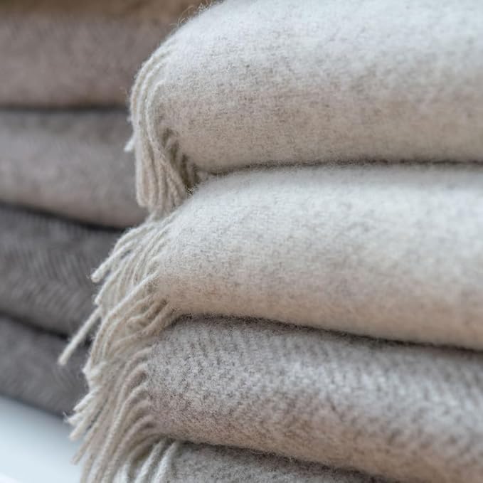 Biddy Murphy Irish Merino and Cashmere Wool Throw Blanket, Made in Ireland, Heirloom Quality, 54" x 71", Pale Grey Herringbone Pattern