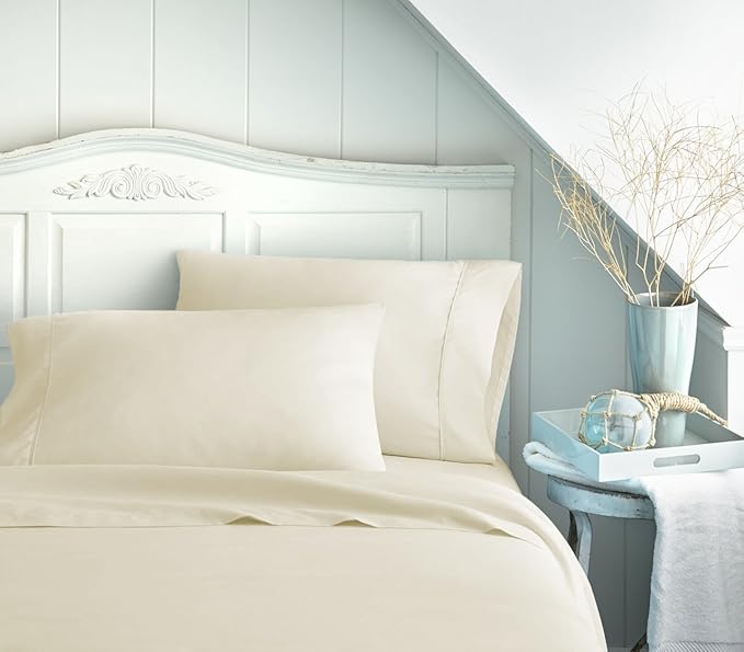 ORGANIC TEXTILES Organic Cotton Bed Sheets Set for Bedroom (Queen Size, Ivory) 410 Thread Count, GOTS Certified, Breathable and Comfortable, Luxurious Soft Feel, All Season Use, Machine Washable