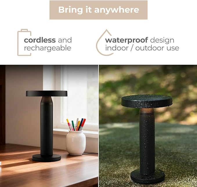 Charge LED Solar Powered Table Lamp, 5200mAh Battery Operated with USB-C Charging Port Fingertip Touch Dimming On/Off 3W 90 Lumens 2700K Warm in Black