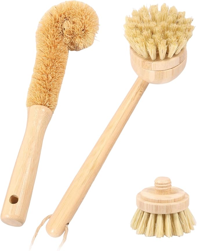 Bamboo Dish Brush Set of 3, Dish Brush Natural Bamboo Dish Scrub Brush Set with Handle, Wooden Dish Scrubber Kitchen Brush Set with Natural Bristles for Kitchen Cleaning Dish, Bottle, Pots, Pans
