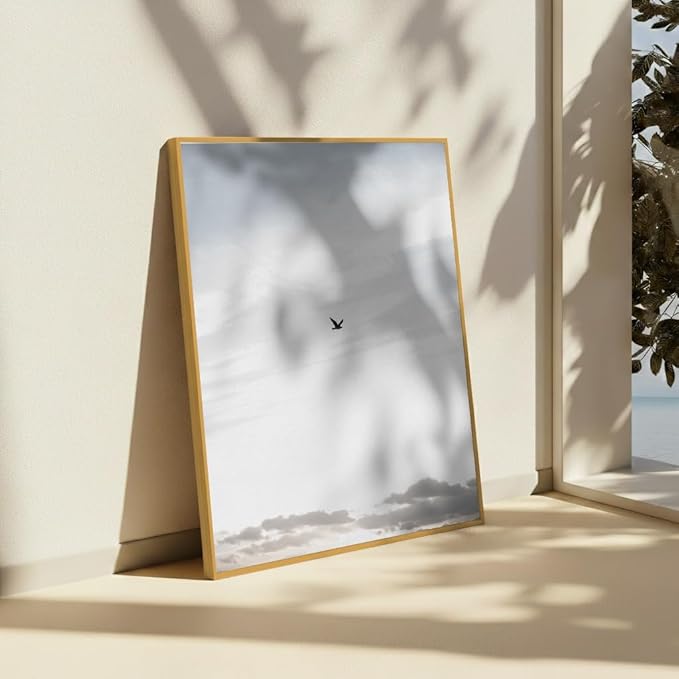 Monem Art Minimalist Bird in Sky Photography Print - Moody Nordic Landscape Art Poster - Wall Decor for Living Room, Bedroom or Office - 8x10 Gold Framed CANVAS Wall Art by Mareike Bohmer