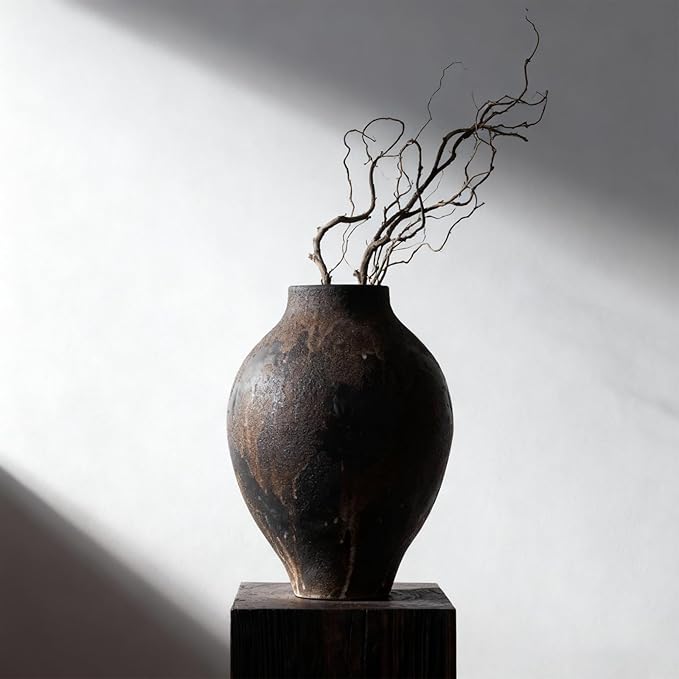 Wabi Sabi Vase 11.8in, Brown Ceramic Vase with Waterproof Coating, Rustic Ceramic Vase Large for Table Centerpiece, Entryway Shelf Decor, Rustic Farmhouse Pottery Vase
