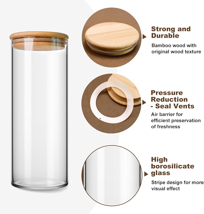 Glass Jars with Bamboo Lids - Clear Food Storage Jars - Cereal Glass Food Storage Containers - Kitchen Organizers and Storage for Flour,Pasta,Cereal,Tea,Coffee