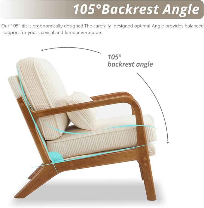 Karl home Mid-Century Modern Accent Reading Chair, Beige | Corduroy Upholstered, Solid Wood Frame, Soft Cushion, Lumbar Pillow, Lounge Armchair for Living Room, Bedroom, Balcony, Study