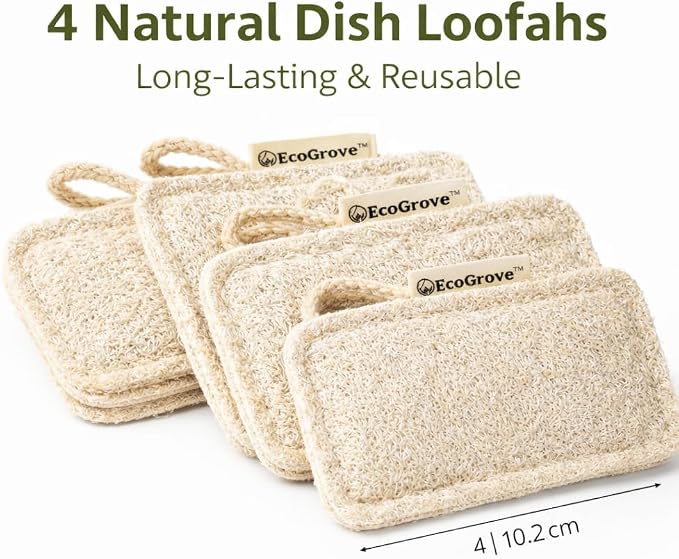 Natural Loofah Dish Sponge 4 Pack – 100% Plant-Based Loofah Kitchen Sponge for Dishes, Pots & Pans – Biodegradable Non-Scratch Dish Scrubber for Nonstick Cookware, Sink & Everyday Kitchen Cleaning