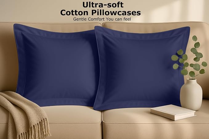 2 Pack Euro Pillow Shams 28x28 – 600 Thread Count 100% Organic Cotton Navy Blue Square Pillow Covers with 2 Inch Flange, Soft & Smooth Premium Hotel-Quality Pillowcases Set of 2
