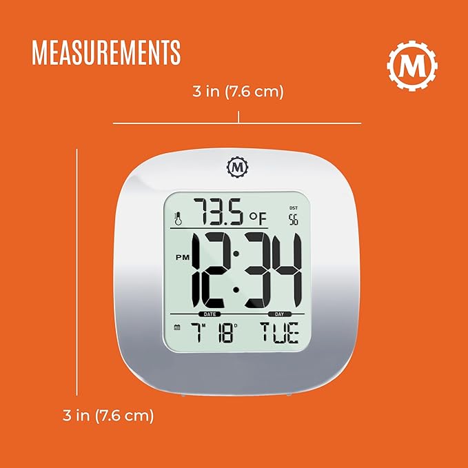 MARATHON Compact Alarm Clock with Temperature & Date, Silver - Large, Easy to Read Display with Backlight - Easy to Set Up & Use - Two AAA Batteries Included