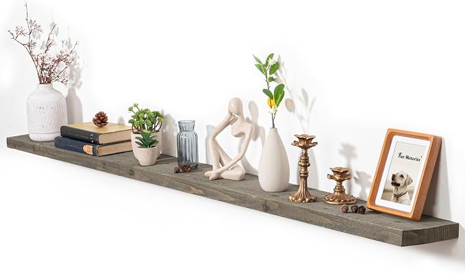 Fun Memories 72 Inch Reclaimed Wood Floating Shelves for Wall, 8 Inch Deep Extra Long Heavy Duty Rustic Farmhouse Floating Shelf with Invisible Brackets for Fireplace Mantel & TV Wall, Grey