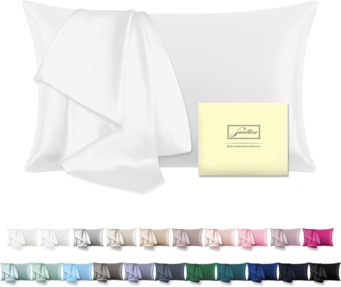 Natural Mulberry Silk Pillowcase for Hair and Skin Queen Size 20"X30" Pillow Case with Hidden Zipper Soft Breathable Smooth Cooling Silk Pillow Covers for Sleeping (White,Queen,1Pcs)