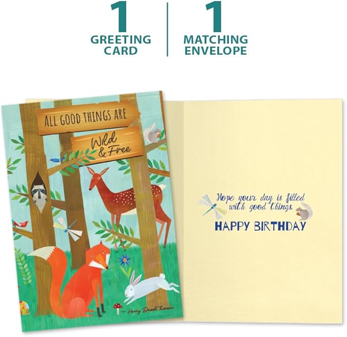 Tree-Free Greetings - Birthday Cards - Artful Designs - 1 Card + Matching Envelope - Made in USA - 100% Recycled Paper - 5"x7" - Wild and Free Woodland (GO65476)