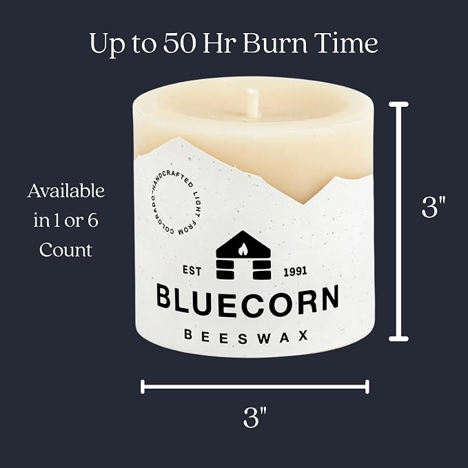 Bluecorn Beeswax 100% Pure Beeswax Pillar Candles, Ivory White, 3x3 | 6 Pack, Non Toxic, Unscented, Cotton Wick, 50 Hr Long Burning