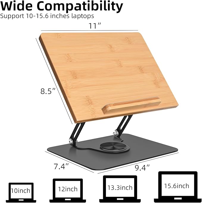 wishacc Premium Wooden & Metal Laptop Stand for Desk, Ergonomic Adjustable Computer Riser with Heat Dissipation, Foldable Portable Laptop Holder Compatible with MacBook Air Pro 10-17" Laptops